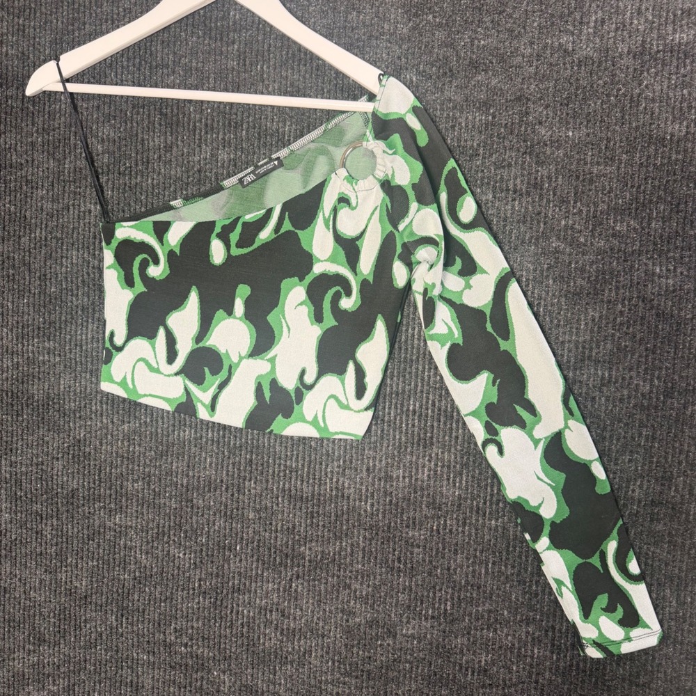 Zara One Shoulder Abstract Swirl Knit Crop Top Green Black Medium